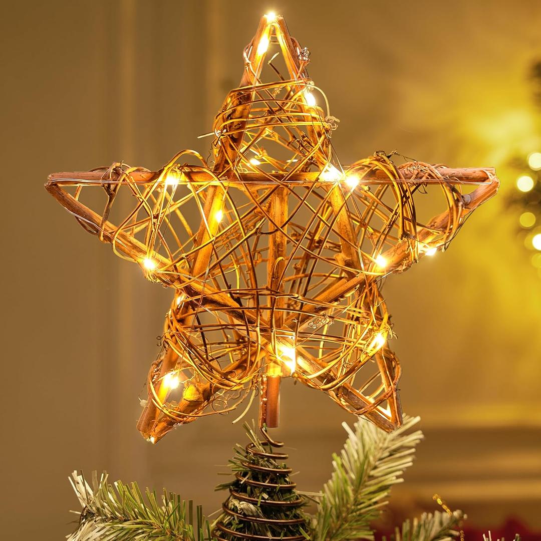 Joiedomi 8 Inch Christmas Tree Toppers, 30 LED Rustic Rattan Star Lighted for Xmas Decorations, Holiday Party Indoor Decor