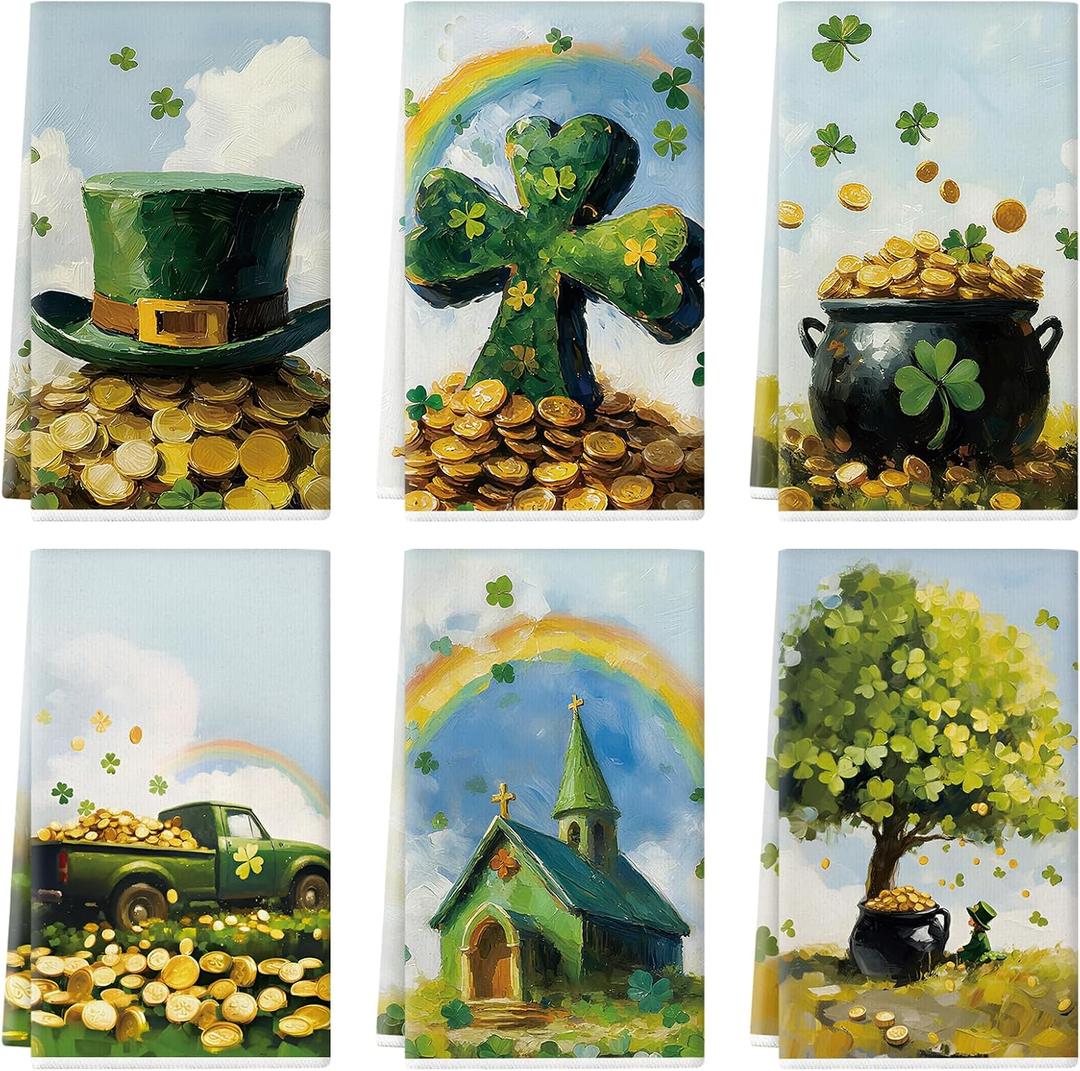 St. Patrick's Day Kitchen Towels 18x26 Inch Clover Kitchen Dish Towels Hand Towels Seasonal Holiday Anniversary Indoor Bathroom Decoration Set of 6
