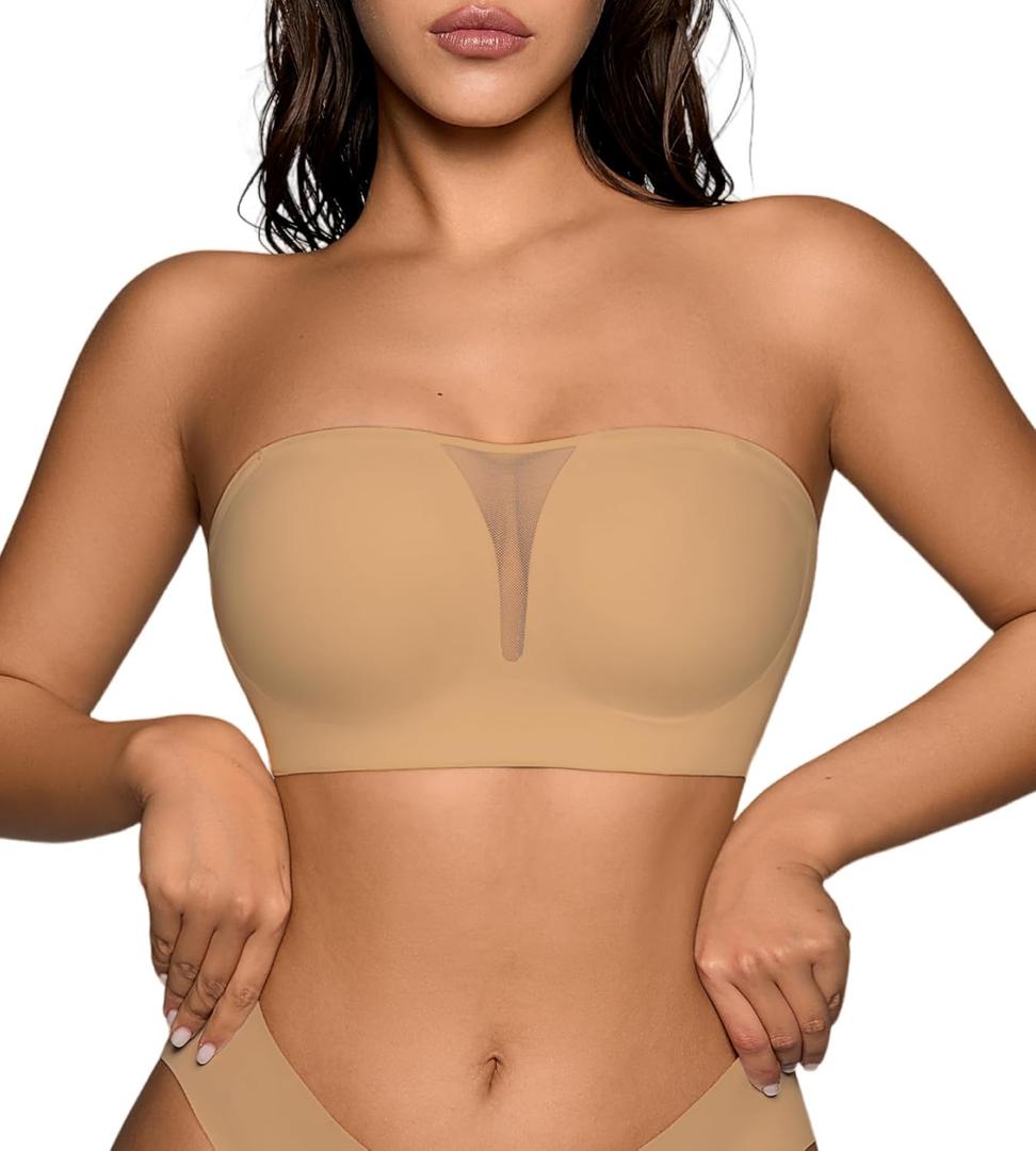 Seamless Wireless Strapless Bras for Women - V-Neck Full Coverage Strapless Bralette No Underwire Convertible Tube Top Bra (Large, Brown Skin)