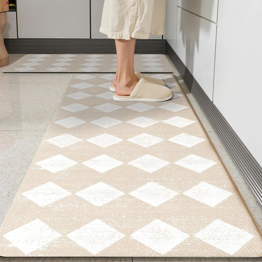 Moroccan Trellis Cream Checkered Kitchen Rug Sets [2 PCs], Anti-Fatigue, Waterproof Non-Slip Kitchen Mats Heavy Duty Ergonomic Comfort Foam Rug for Floor, Home, Laundry,17"x29"+17"x47"