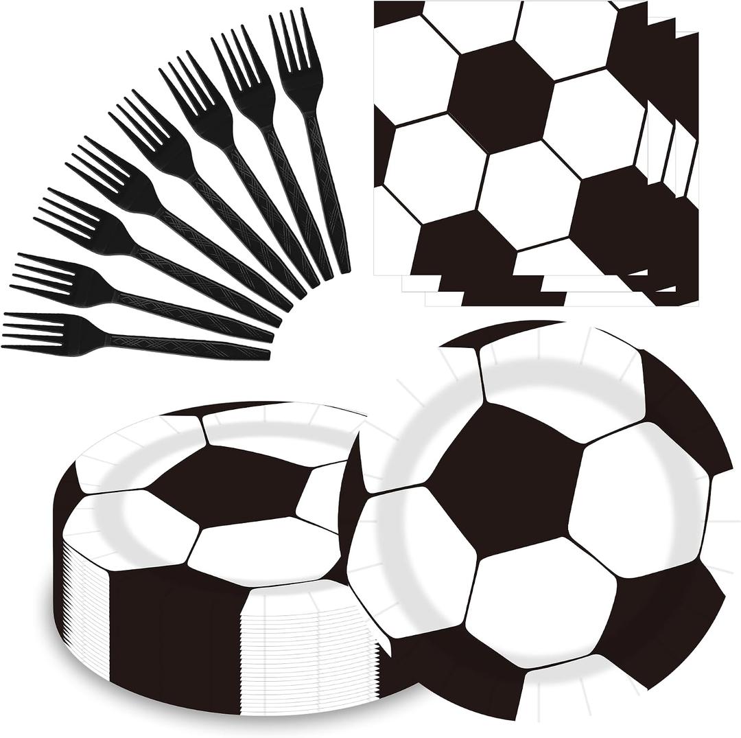 60pcs Black And White Soccer Birthday Party Decorations-Soccer Plates And Napkins-Black Plastic Silverware Fork,Suitable For Soccer Games, Birthdays, Sports, Parties,Serves 20(9 Inches)