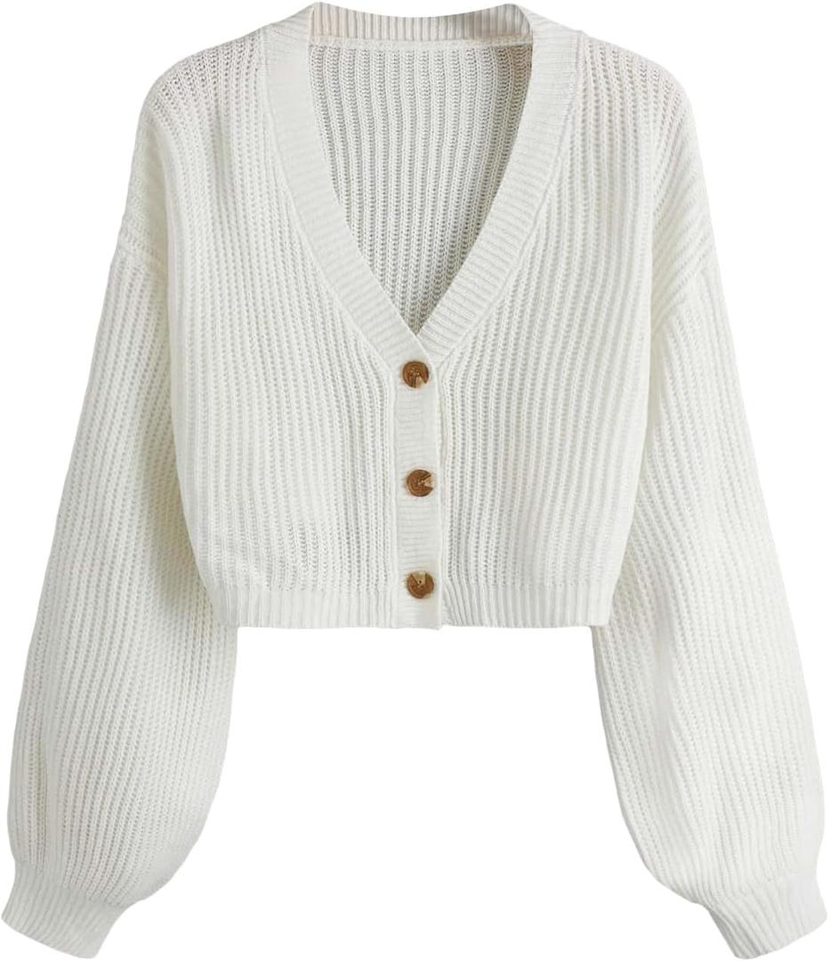 COZYEASE Women's Long Sleeve Button Down Crop Cardigan Sweater Ribbed Knit V Neck Sweater Knit Bolero Shrug (White), S