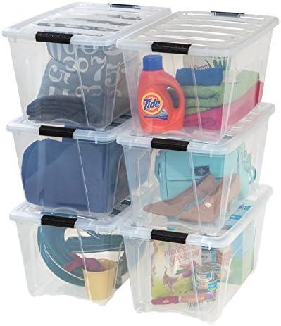 IRIS USA 54 Qt Stackable Plastic Storage Bins with Lids, 5 Pack - BPA-Free, Made in USA - See-Through Organizing Solution, Latches, Durable Nestable Containers, Secure Pull Handle - Clear
