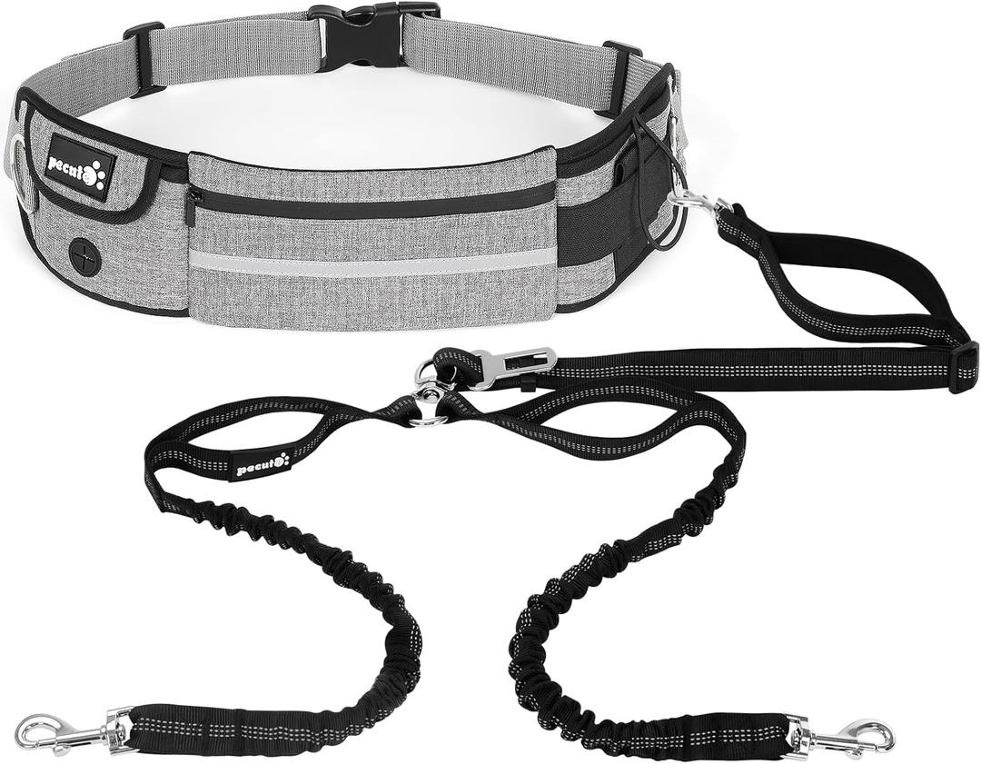Pecute Hands Free 2 Dogs Waist Belt Fanny Pack with Soft Padded, Dual Dog Leash with Pouch, 3 Padded Handles, Durable Bungee, Double Leash for Running Walking Hiking Jogging Biking (Gray-new)