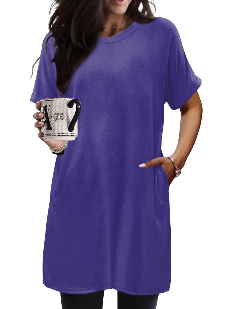 KISSMODA Women's Short Sleeve Crew Neck Tunic Tops Summer for Leggings Casual Long Tunics with Pockets Shirt S-3XL D-purple (Purple)