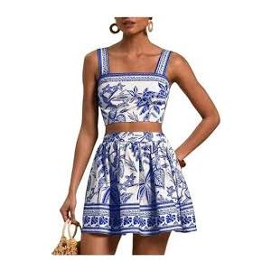 SOLY HUX Tropical Vacation for Women Halter Tie Backless Sundress Sleeveless A Line Short 2 Piece Medium