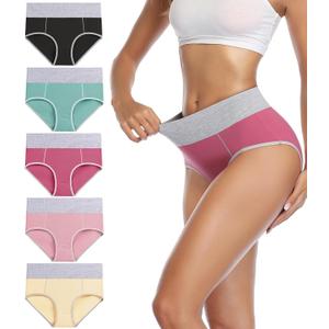 wirarpa Women's Cotton Underwear High Waist Stretch Briefs Soft Underpants Ladies Full Coverage Panties 5 Pack (X-Large, Black, Pink, Yellow, Fuschia, Mint)