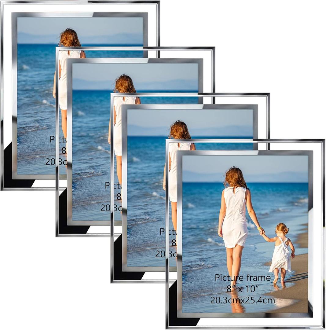 Hoikwo Bulk 8x10 Picture Frames, 4 Packs Silver Photo Frames 8 by 10, Glass Wedding Frames 8x10, Clear Mirror Wedding Photo Frames, Only for Tabletop Display Vertically or Horizontally
