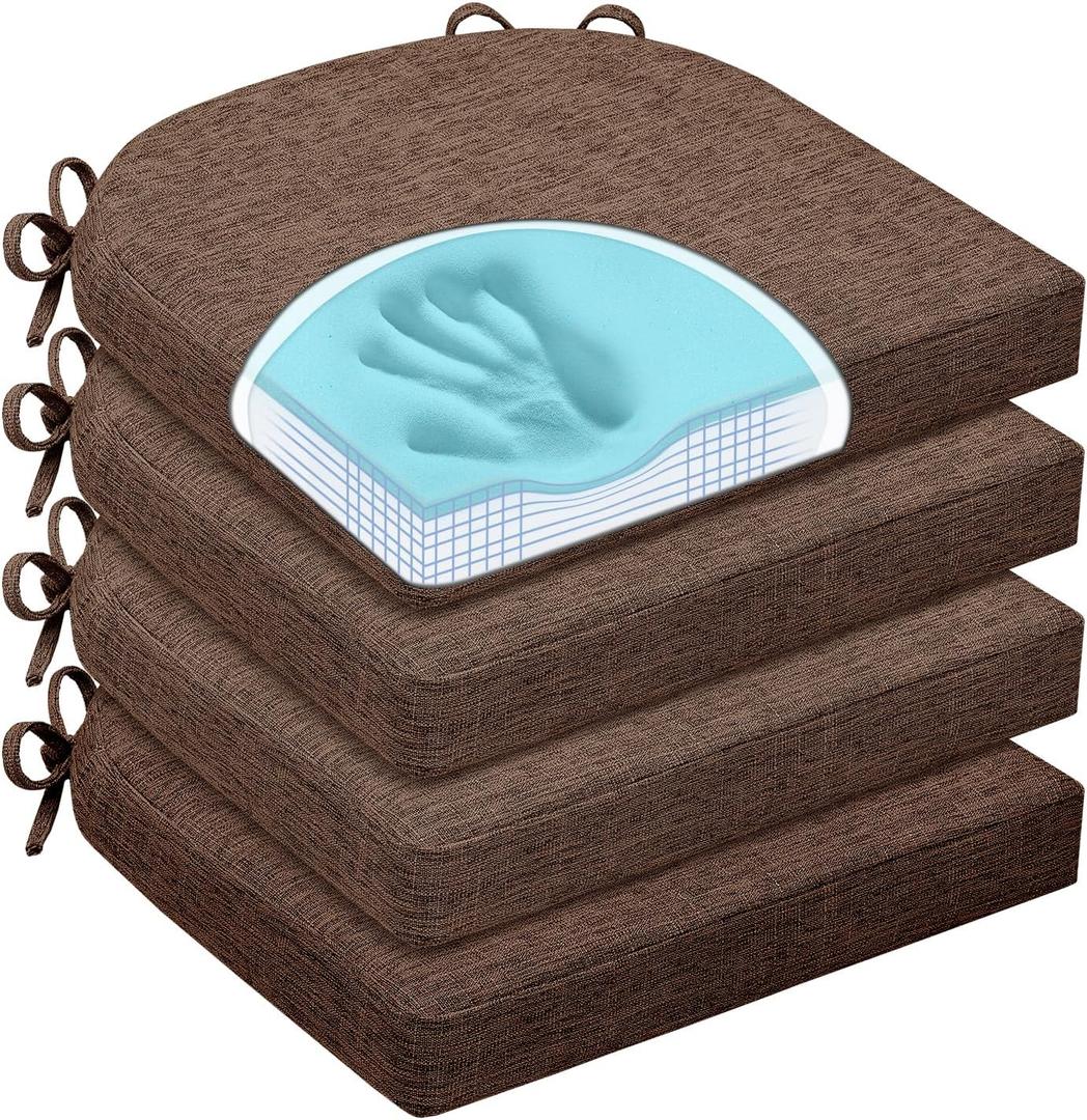 Chair Cushions for Dining Chairs, Non Slip Chair Pads with Ties and Washable Covers, Memory Foam Kitchen Chair Cushions Set of 4, 16"X16"X2.5", Brown