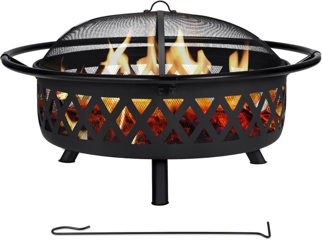 SUNCREAT 42 Patio Fire Pit Wood Burning with Mesh Spark Screen, Bonfire Outdoor firepit with Fireplace Poker, Black