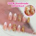 Almond Press on Nails Medium Fake Nails Gold False Nails Flower Glue on Nails for Women Manicure 24Pcs