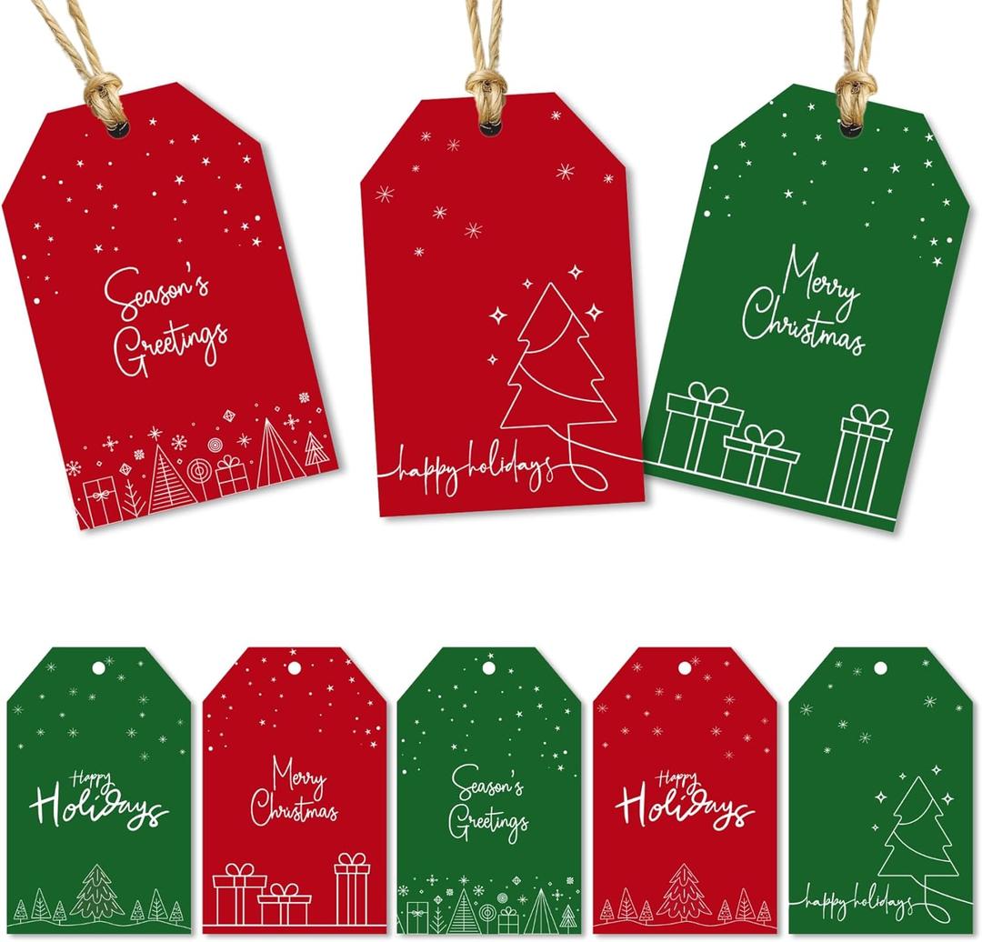 Christmas Gift Tags with String - 80 Red & Green Holiday Tags, 8 Minimal Line-Art Designs - 350gsm Christmas Name Tags for Gifts & Presents