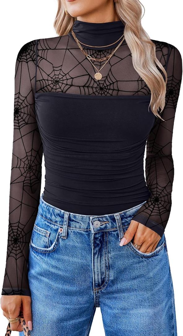 Avidlove Women Long Sleeve Bodysuit Turtle Neck Shapewear Body Suits Mesh One Piece Leotard Shirt Going Out Tops Fall Outfits (X-Large, Spider)