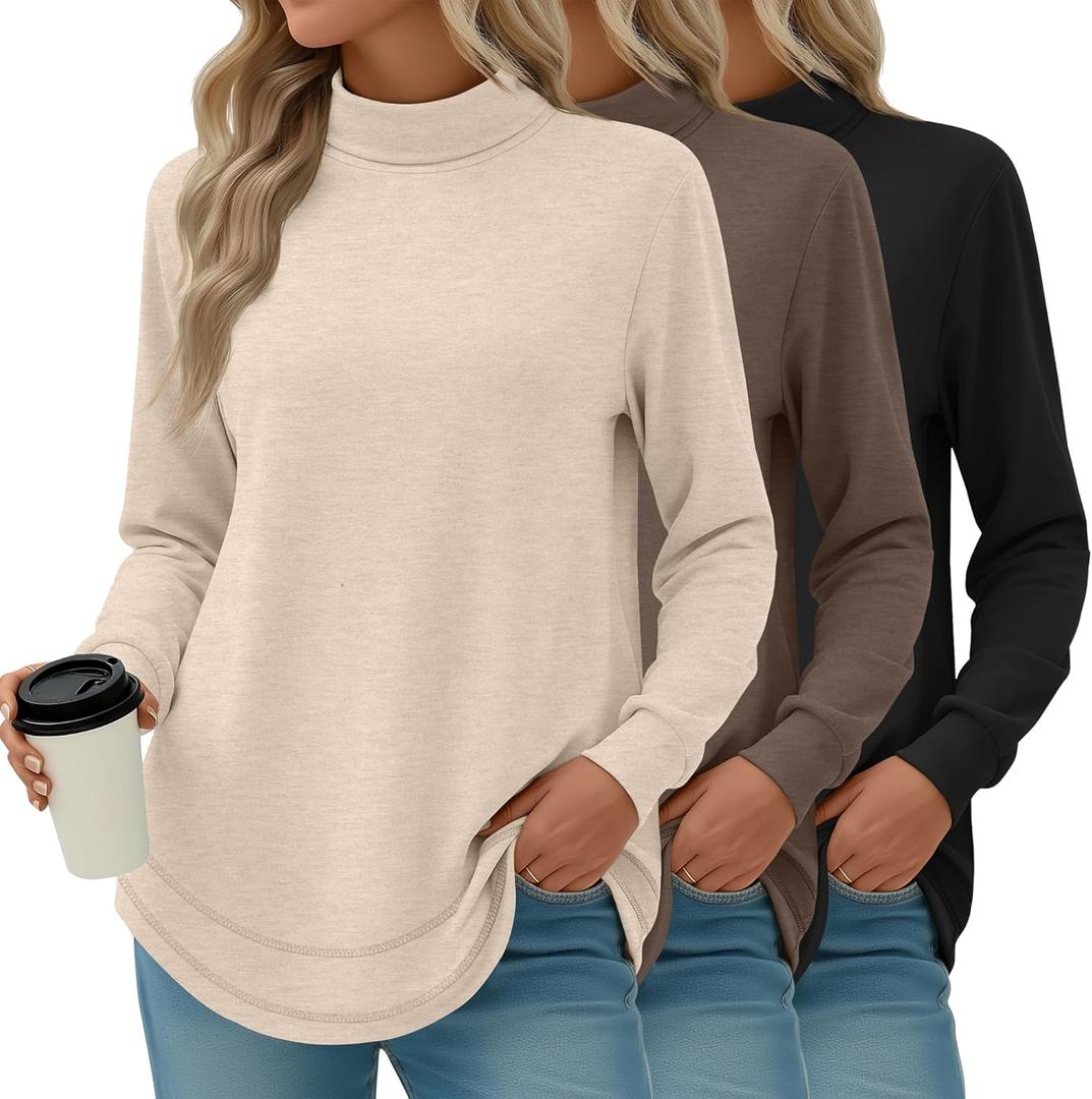 3 Pack Women's Turtleneck Sweatshirts, Long Sleeve Cotton Shirts Curved Hem Pullover Tees Tunic Casual Winter Tops (Medium, Black, Brown, Apricot)