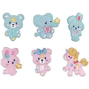 Cute Animal Iron on Applique 6 Pcs Unicorn Bear Bunny Elephant Blue Pink Embroidered Patches DIY Accessories for Clothes Bags Jeans(Plush Styles)