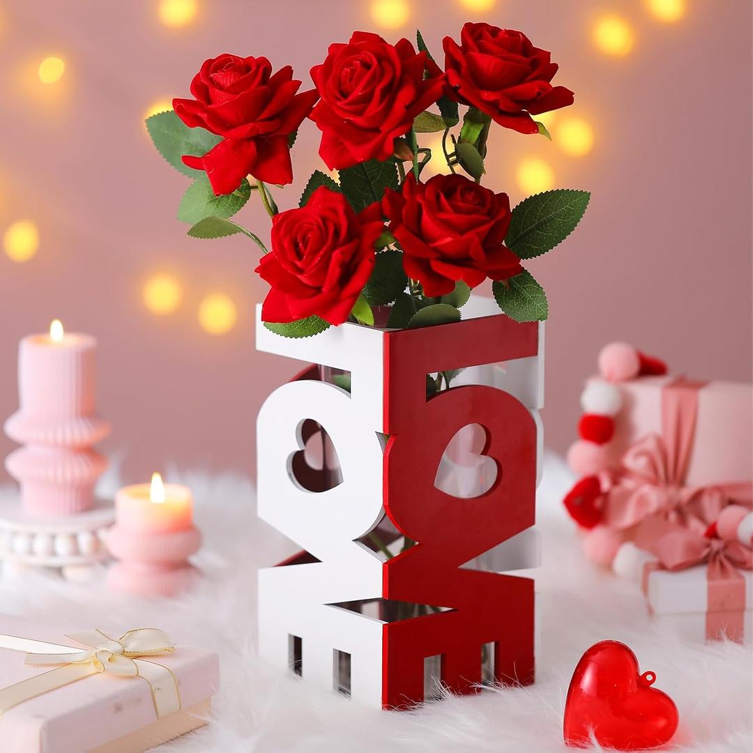 Pickmesh Valentine's Day Flower Vase Love Shaped Centerpiece for Table Decoration Red Love Wooden Sign Romantic Heart Glass Cylinder Vase for Home Valentine Gift Women Birthday Anniversary Wedding