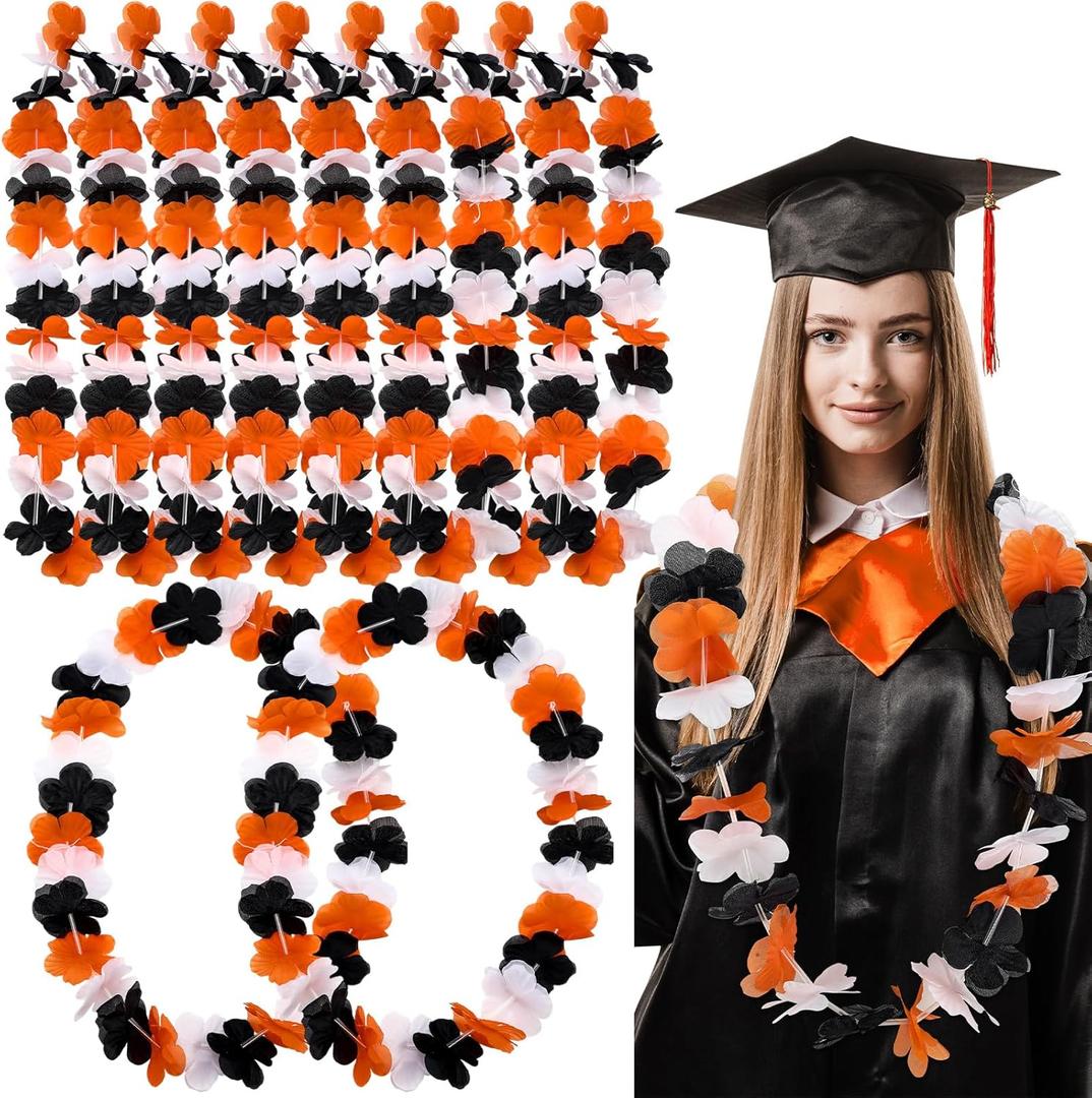 Zeyune 20 Pcs Bulk Graduation Leis Class of 2026 Hawaiian Leis Flower Necklaces 39.4 Inch Graduation Garlands for High School College Graduate Grad Party Favor Photo Prop (Black White Orange)