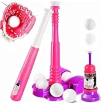 Erixazs Tball Set for Kids, Pink T Ball Sets for Toddlers 1-3 Girls, Baseball Toys with 6 Balls/Glove/Pitching Machine/Bat/Tee, Outdoor Sports Gifts for Girls(Pink)