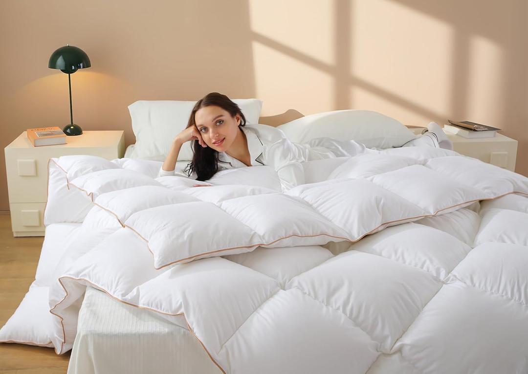 Down Comforter King Size All Season Medium Weight Fluffy White Duvet Insert, Warm Feather Bedding, Soft 100% Cotton Cover, 90x106 Inch