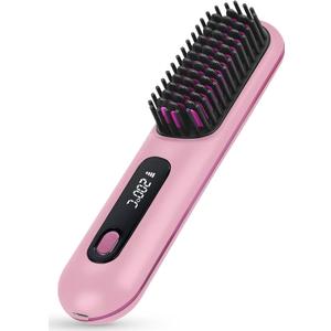 NUMOYA Go Brush Pro 2025 Upgrade Portable Cordless Hair Straightener Brush for Women (Pink)