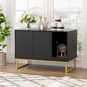 Cat Litter Box Enclosure, Fluted Hidden Litter Box Furniture with Scratch Pad and Metal Legs, Modern Enclosed Cat Cabinet, 31.5 x 17.7 x 21.7 Inches Indoor Pet House for Living Room, Washroom, Black