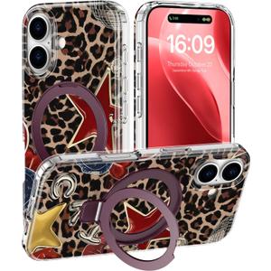 DEENAKIN for iPhone 16 Case - Wireless Charging Compatible - Integrated Multi-Functional Kickstand - Shockproof Protective Phone Case with Trendy Cute Designs for Women - Sexy Leopard-Print