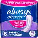 Always Discreet Adult Incontinence Pads for Women, Drier, 5 Drop Long Length, Heavy Absorbency, Pads for Bladder Control Management, Bladder Leaks, & Postpartum Pads, 39ct