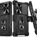 VEGO for Samsung Galaxy S25 Ultra Case, with Slide Camera Protector & Belt Clip Holster & 360° Rotatable Ring Kickstand Military Grade Heavy Duty Protection Cover - Black