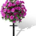 Artificial Silk Flowers Azalea for Outdoor with Ground Spike, Faux Floral Topiaries Ball Bushes Shrubs for Home Garden Yard Patio Decor UV Resistant (Purple)