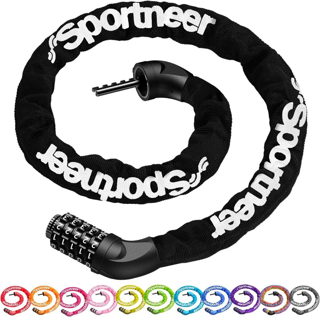 Sportneer Bike Lock: 5 Digit Combination High Security Anti Theft Bike Chain Lock - 3.2/3.6/4ft Heavy Duty Keyless Bicycle Lock for Bike, Motorcycle, Scooter, Door & Gate - 4/6mm Thick, Easy to Use (4ft long, 6mm thick, Black)