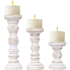 Rustic Farmhouse Wood Pillar Candle Holder Set of 3 for Candlestick, White