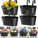 MADHOLLY Railing Planter with Drainage Holes- Sturdy Bucket Pots for Railing Fence, Countryside Style Metal Flower Pots for Herbs Balcony Garden Yard Decor, 4Pcs, Black