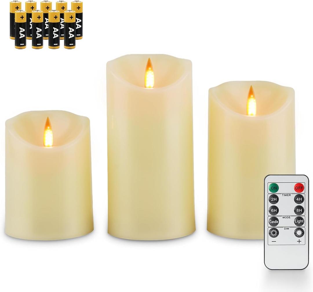 Fanna 3 Ivory Flameless LED Candles with Dynamic Lifelike Flickering Flames for Church and Weddings, Battery Operated Plastic Candles with Timer and Remote, Batteries Included - H 4"/5"/6"