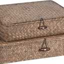 Set of 2 Flat Seagrass Storage Bins with Lid Wicker Storage Baskets for Organizing, Woven Shelf Organizer Bins Home Utility Organizer Box for Home & Office Supplies(Coffee)