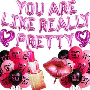 Popular Girl Party Decorations Balloons - Pink You Are Like Really Pretty Decoration with Lip Lipstick Foil Balloon, Early 2000s Y2K Theme Party Supplies for Girls Women Birthday Bachelorette Wedding