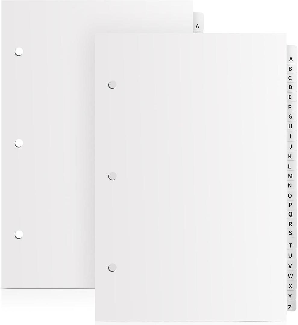 2 Set A to Z Tab Alphabet Dividers for 3 Ring Binder 5 1/2 x 8 1/2 Inch Binder Dividers Customizable Table of Contents Page with A to Z Tabs for Student Teacher Office Organize (White)