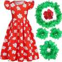 Girls Hawaiian Costume Floral Short Sleeve Dress, Kids Halloween Costumes Tropical Luau Party Outfit 9-10 Years