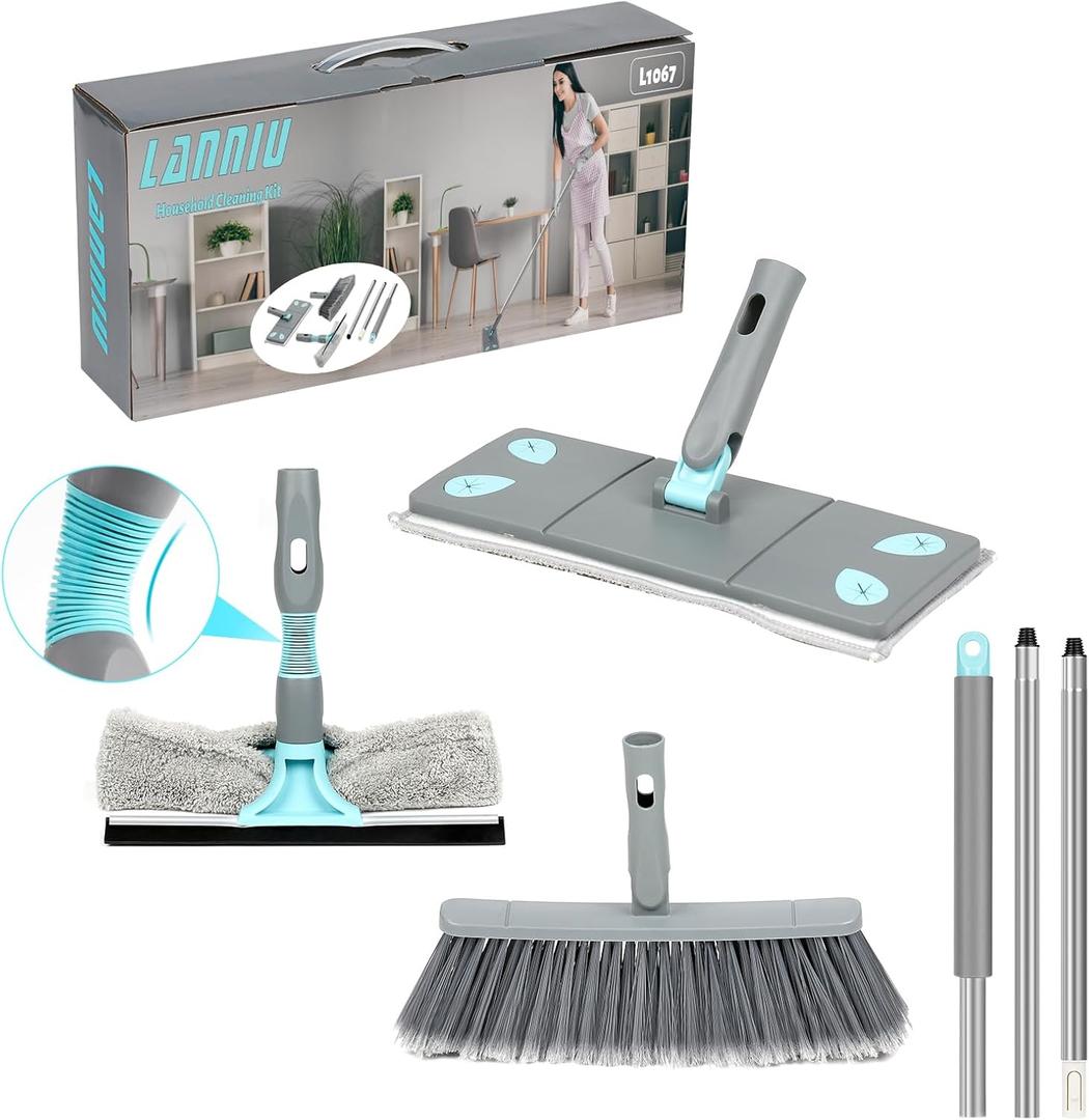 3-in-1 Detachable Broom and Mop Set Combo for House Cleaning, Collapsible Broom and Mop for RV Camping, Home, Dorm, Extension Pole, Window Squeegee, Grey (White)