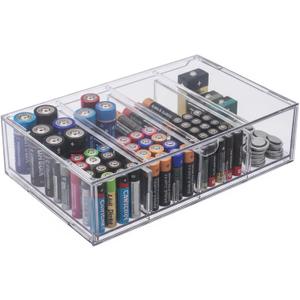 Lolytama Battery Storage Organizer,Acrylic Battery Holder Organizer with Handle,4 Compartments Battery Storage Case,Battery Storing Box for AA,AAA,C,9V,D,Batteries, (Clear)