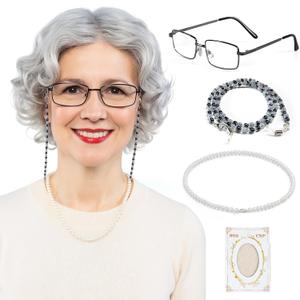 LETIME Old Lady Wig Grandma Wig Costume for Women Adult Halloween Granny Outfit with Glasses, Pearl Necklace & Accessories for Cosplay Dress Up Party