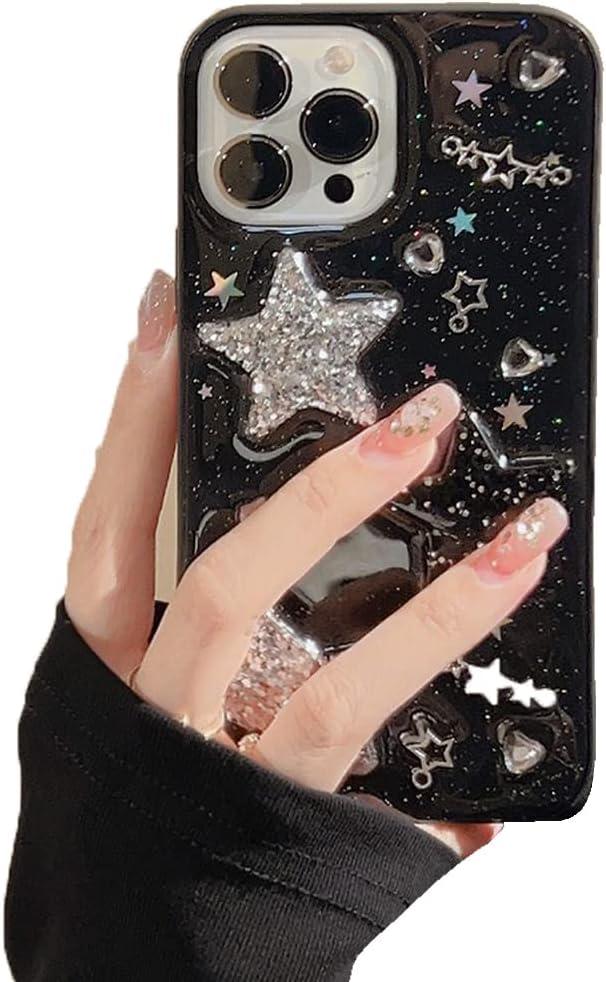 for iPhone 13 Case Bling Stars 3D Hearts Diamond Twinkle Star Glitter Y2K Spark Luxury Girly Aesthetic Personalized Design for Women Girls Teens TPU Case, 6.1", Black