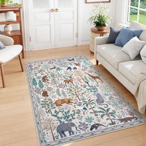 OJIA Jungle Print Washable Area Rugs 5x7, Soft Modern Rugs for Living Room Ultra-Thin Non-Shedding Bedroom Rug, Stain Resistant Neutral Area Rug Large Carpet for Dining Room Kids Nursery Playroom (Cream)