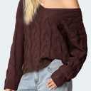 SUUKSESS Women Oversized Cable Sweaters V Neck Long Sleeve Knit Trendy Outfits (Brown, L)