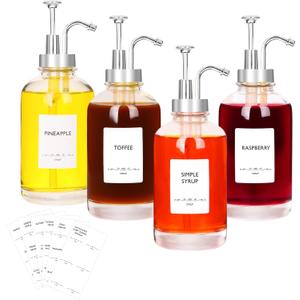 ​16.9oz Coffee Syrup Dispensers 4Pack- Glass Syrup Dispenser Kit for Coffee Bar Accessories for Home Coffee Bar/ Premium Labeled Barista Kit, Silver