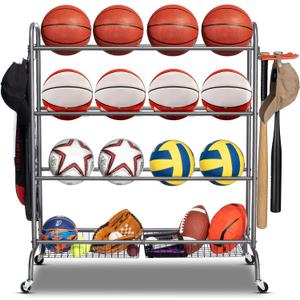 EXTCCT Basketball Rack, Rolling Basketball Shooting Training Stand,Sports Equipment Storage with Wheels, Four-Layer Organizer Holder with Two Basket for Basketballs Footballs Volleyball