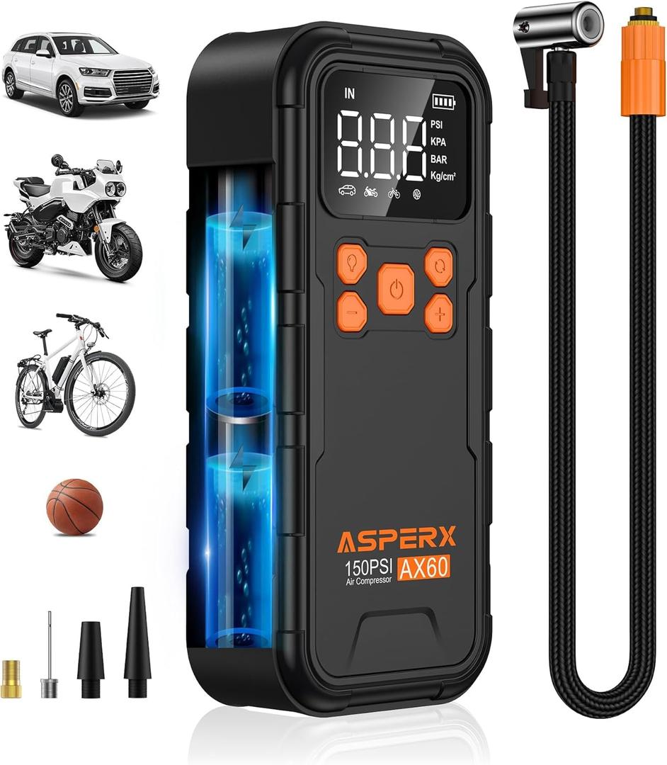 Tire Inflator Portable Air Compressor, 150PSI Cordless Air Pump for Car Tires, 3X Faster Air inflator Tire Pump with Digital Pressure Gauge and Emergency LED Light for Motorcycle Bike Ball Car (Black)