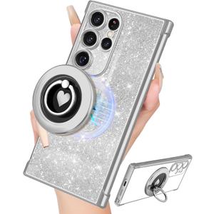 for Samsung Galaxy S22 Ultra Case - Women Cute Glitter Bling Compatible with MagSafe Ring Stand Magnetic Phone Cover Girls Sparkly Luxury Elegance Girly for Samsung S22 Ultra Cases - Silver