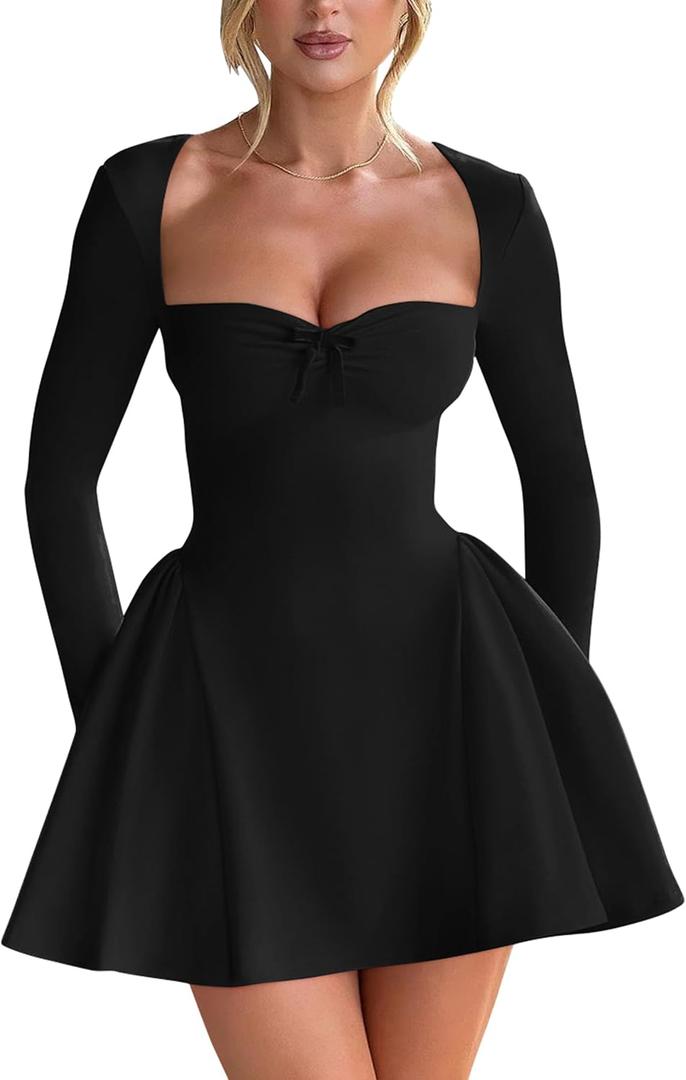 YMDUCH Women's Sexy Long Sleeve Sweetheart Neck A-line Ruffle Hem Party Club Mini Dress (Black, L)