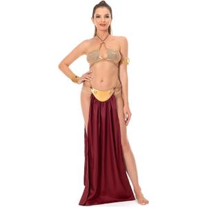 Adult Princess Slave Outfit Bikini Carnival Cosplay Costume Dress Gold Bra Halloween Party Costume Outfits for Women (Small, Red)