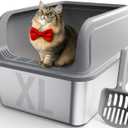 Powools Stainless Steel Cat Litter Box, Metal Litter Box with Scoop, High- Sided, Anti-Leakage Top Entry, Non-Sticky, Easy to Clean, Grey, XL (1 Pack)